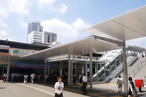 中野駅の歩行者デッキと駅舎の外観に人々が行き交う様子を写した写真