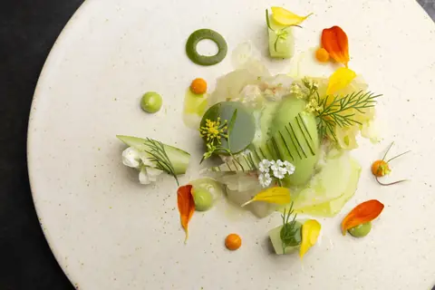 SMAAK博多の本店にあたる横浜「SMAAK」の、花とハーブを散らした緑のアボカド仕立て前菜の写真