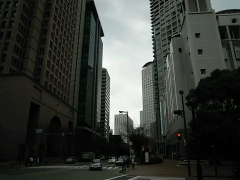 大阪梅田にある高層ビル街の交差点と、信号や街路樹が並ぶ街並みを写した写真