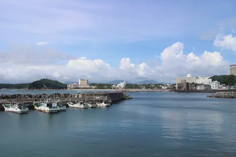 和歌山県白浜町の港に漁船が並び奥に街並みが広がる風景の写真