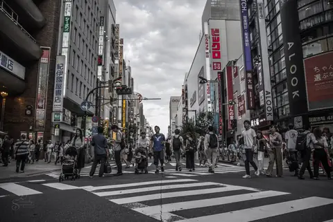 新宿の繁華街で多くの人が横断歩道を渡る賑やかな街並みの写真