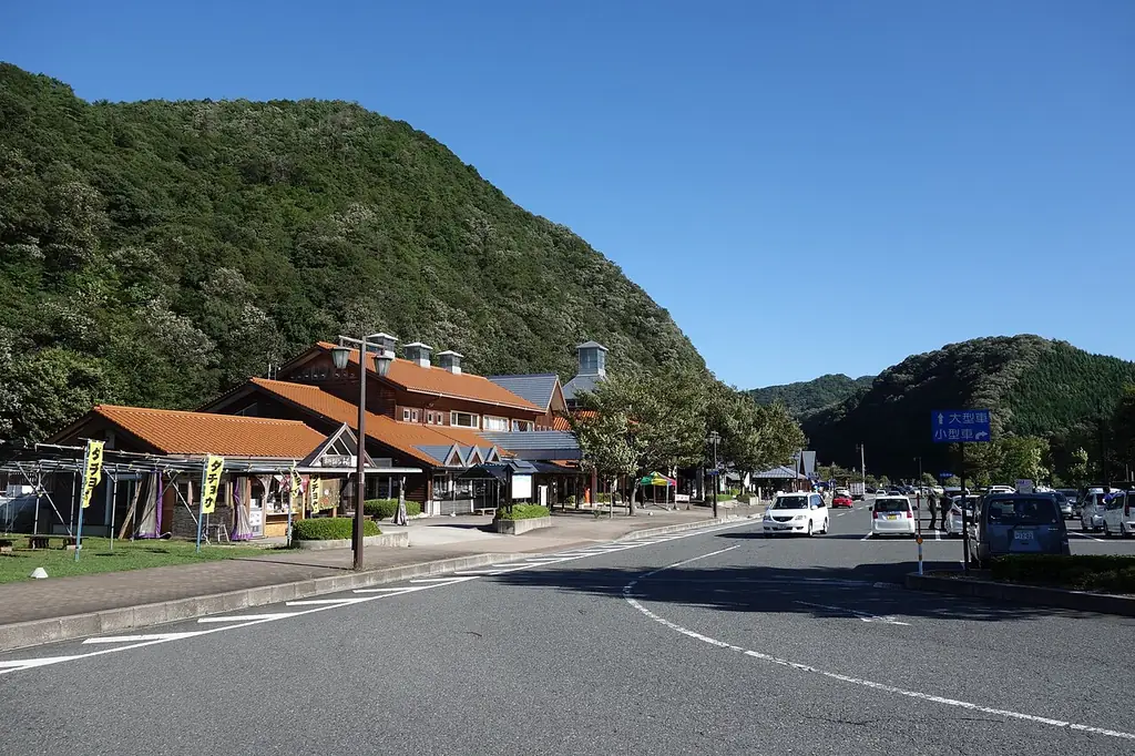 道の駅ゆめランド布野（三次市）の、緑の山のふもとに建つ茶色い屋根の建物と手前の道路の写真