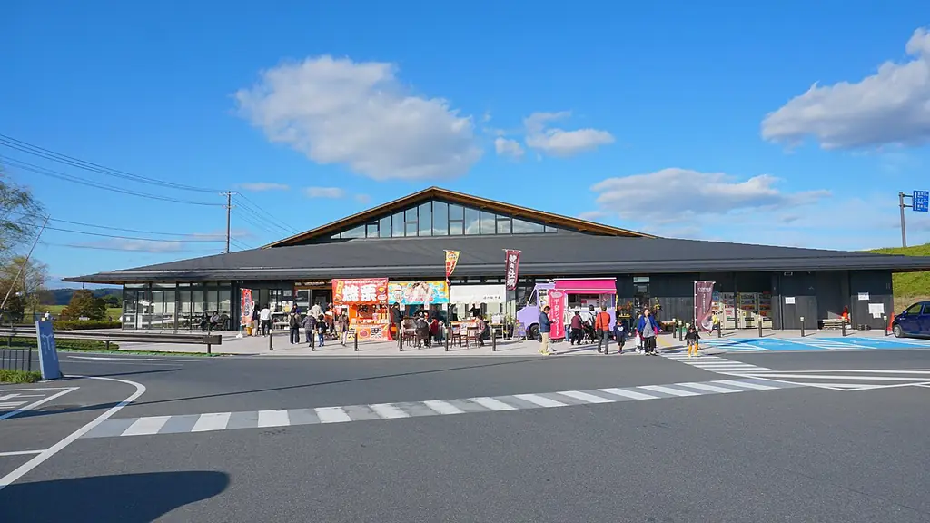 道の駅平泉（平泉町）の、横に長い大きな屋根の建物の前に集まる人たちと手前の横断歩道の写真