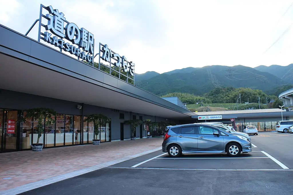 道の駅かつらぎ（葛城市）の、屋根の上に「道の駅 かつらぎ」の大きな文字が立つ建物と山と車の写真