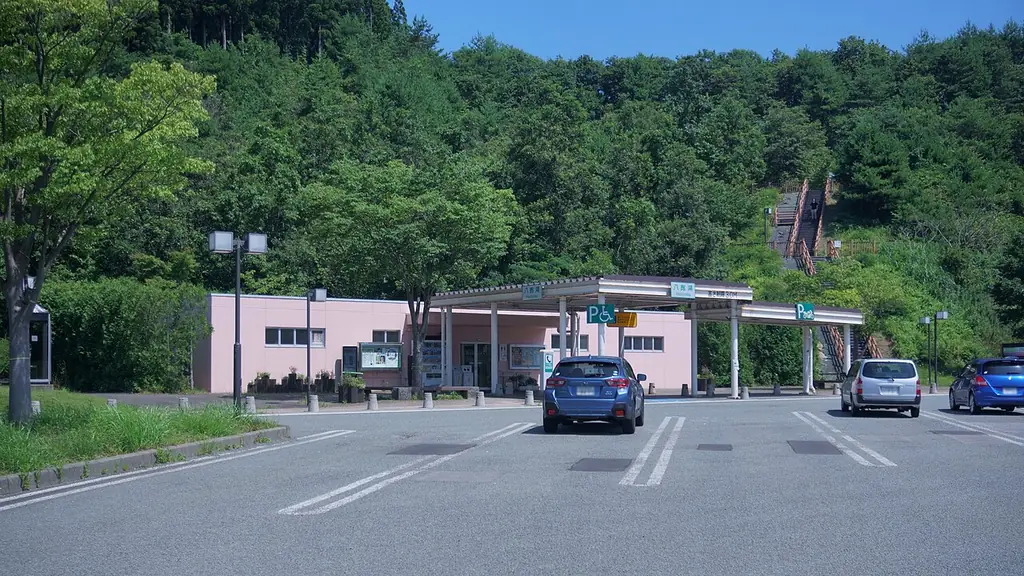 八郎湖サービスエリアの、ピンクの壁の建物と屋根の付いた通路、手前の車道を走る車と緑の山の写真