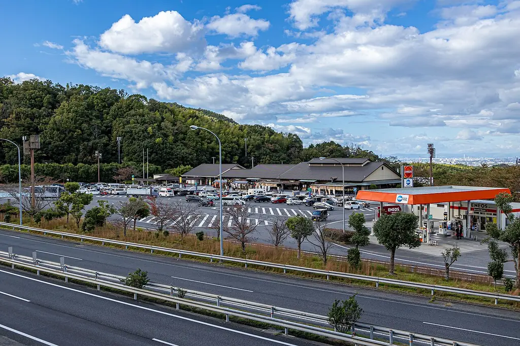 岸和田サービスエリアを道路の上から見た、建物と車の並ぶ駐車場、ガソリンスタンドと手前の道路の写真