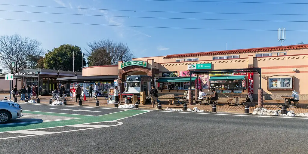三芳パーキングエリアの、店が横に並ぶ建物と前を歩く人たち、緑色の線が引かれた駐車場の写真