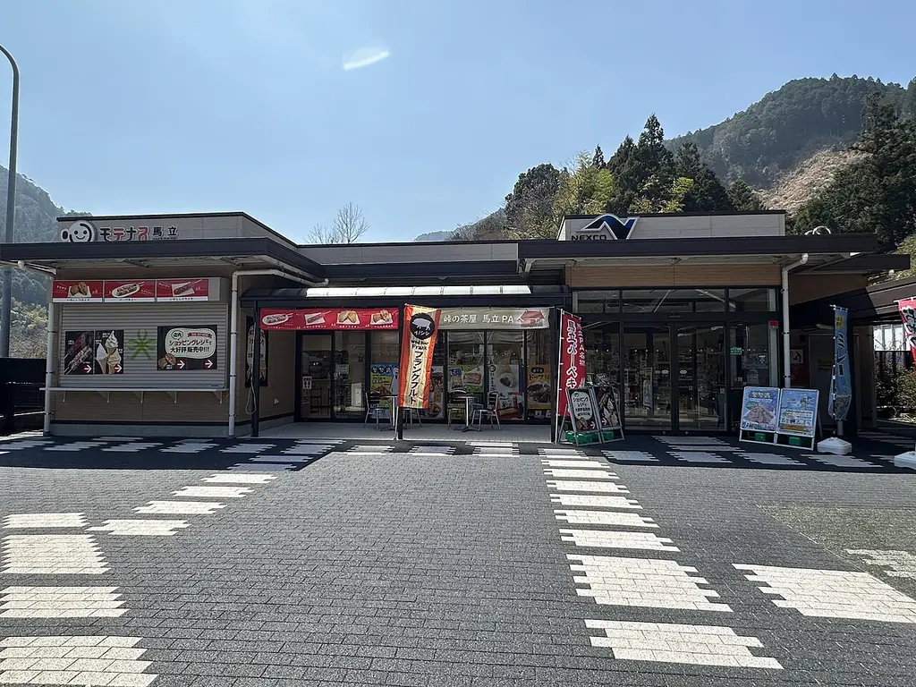 馬立パーキングエリアの、店の看板が並ぶ平屋の建物と、手前の横断歩道の模様、うしろの山の写真