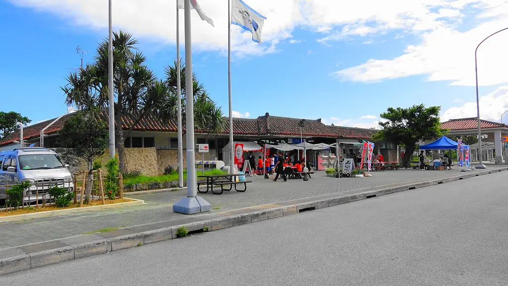 伊芸サービスエリア（上り）の、赤い瓦屋根の建物と旗ざお、ヤシの木と前の駐車場の写真
