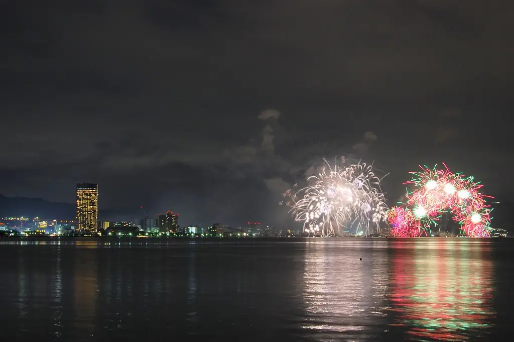 びわ湖大花火大会で、湖の向こうに白や赤の花火が開き、湖岸の高いビルや街の明かりが湖面に映る様子の写真