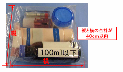 100ml以下の化粧品を入れた透明な袋に、縦と横の合計が40cm以内と書き込んだ写真