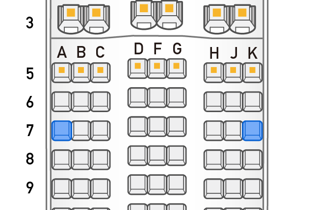 ANAボーイング787-9の座席表。3−3−3の真ん中はD・F・GでEを使わず、7列目のAとKが窓側