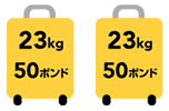 23kg50ポンドと書かれたスーツケースのアイコン2個