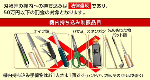 刃物の機内持ち込みは法律違反で50万円以下の罰金になると書いた注意の図