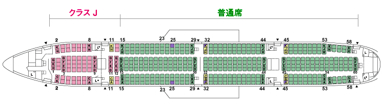 JALボーイング777-300の座席表。普通席は3−4−3でABC・DEFG・HJKの順に並ぶ