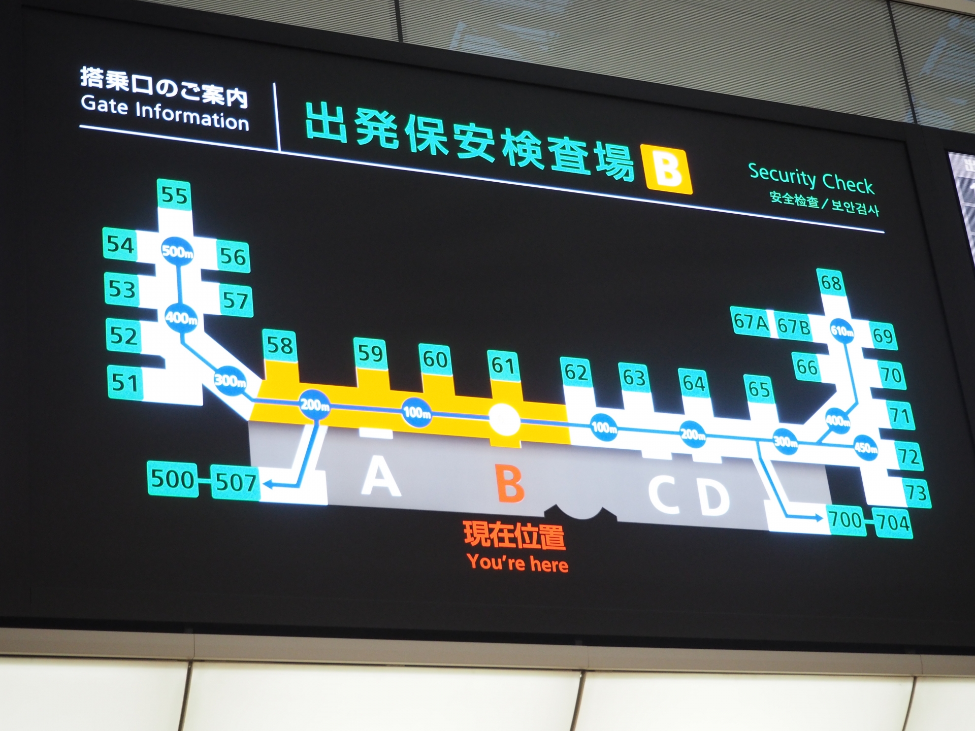 出発保安検査場Bの搭乗口案内ディスプレイ