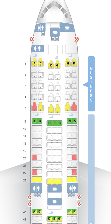 飛行機の座席表の例。普通席は2−3−2の並びで窓側はAとK、真ん中の3席はD・E・G