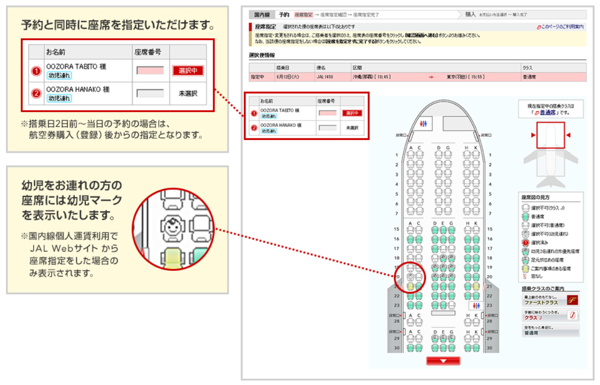 予約と同時に座席を指定する画面と、幼児マークの位置を示した説明図