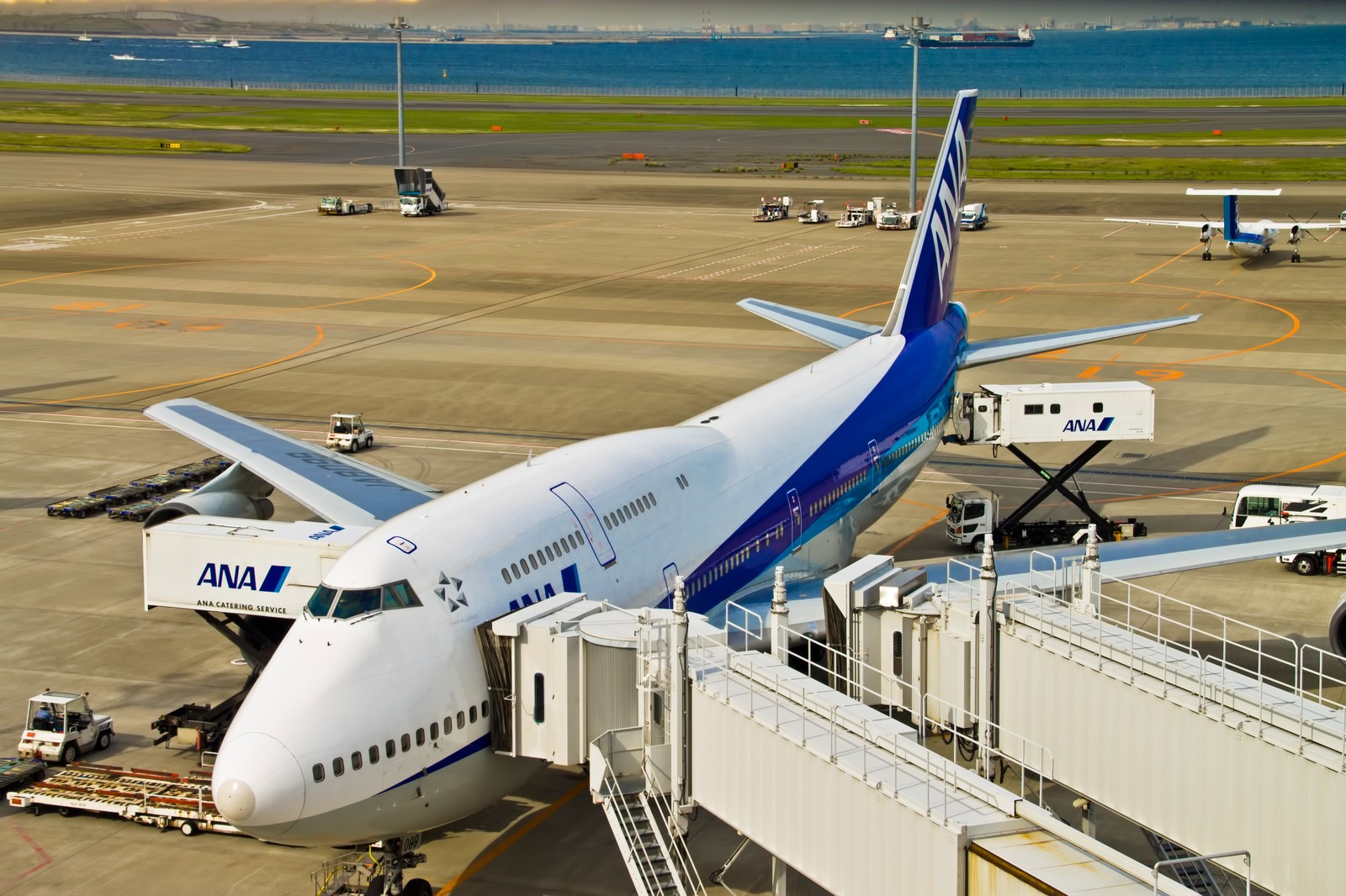 搭乗橋につながれて駐機しているANAの旅客機