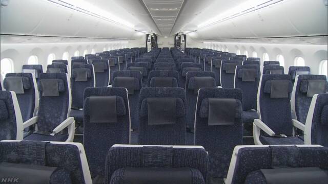 紺色の座席が並んだ機内を後ろから見たところ