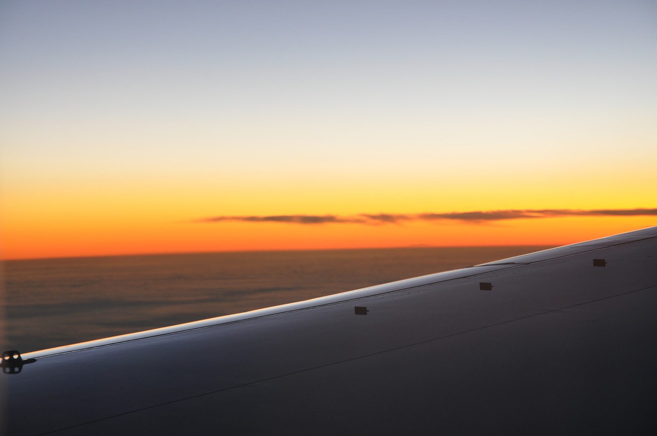日の出前の空と主翼の上面