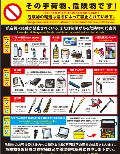 国土交通省航空局の危険物ポスター。スプレー缶や電池類など制限のある品目を並べたもの