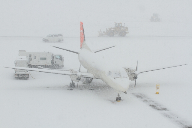 吹雪の駐機場で除雪される旅客機