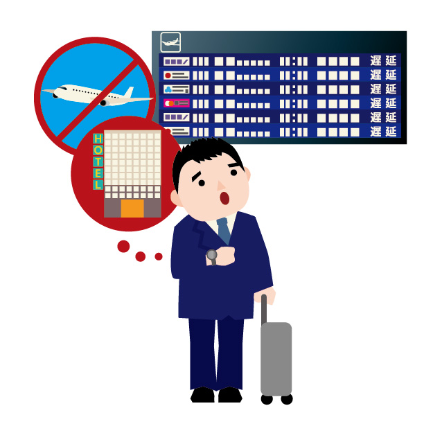 欠航と遅延が並ぶ発着案内を見て困る乗客のイラスト