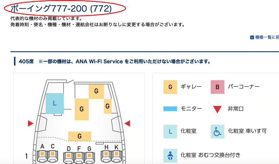 ボーイング777-200の座席配置図と機内設備の凡例