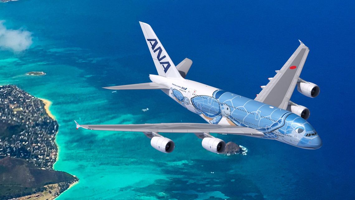 海の上を飛ぶANAの特別塗装機