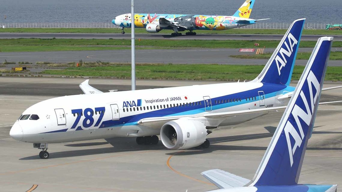 駐機場に並ぶANAのボーイング787と特別塗装機