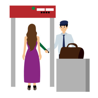 金属探知機のゲートを通る人と検査員のイラスト