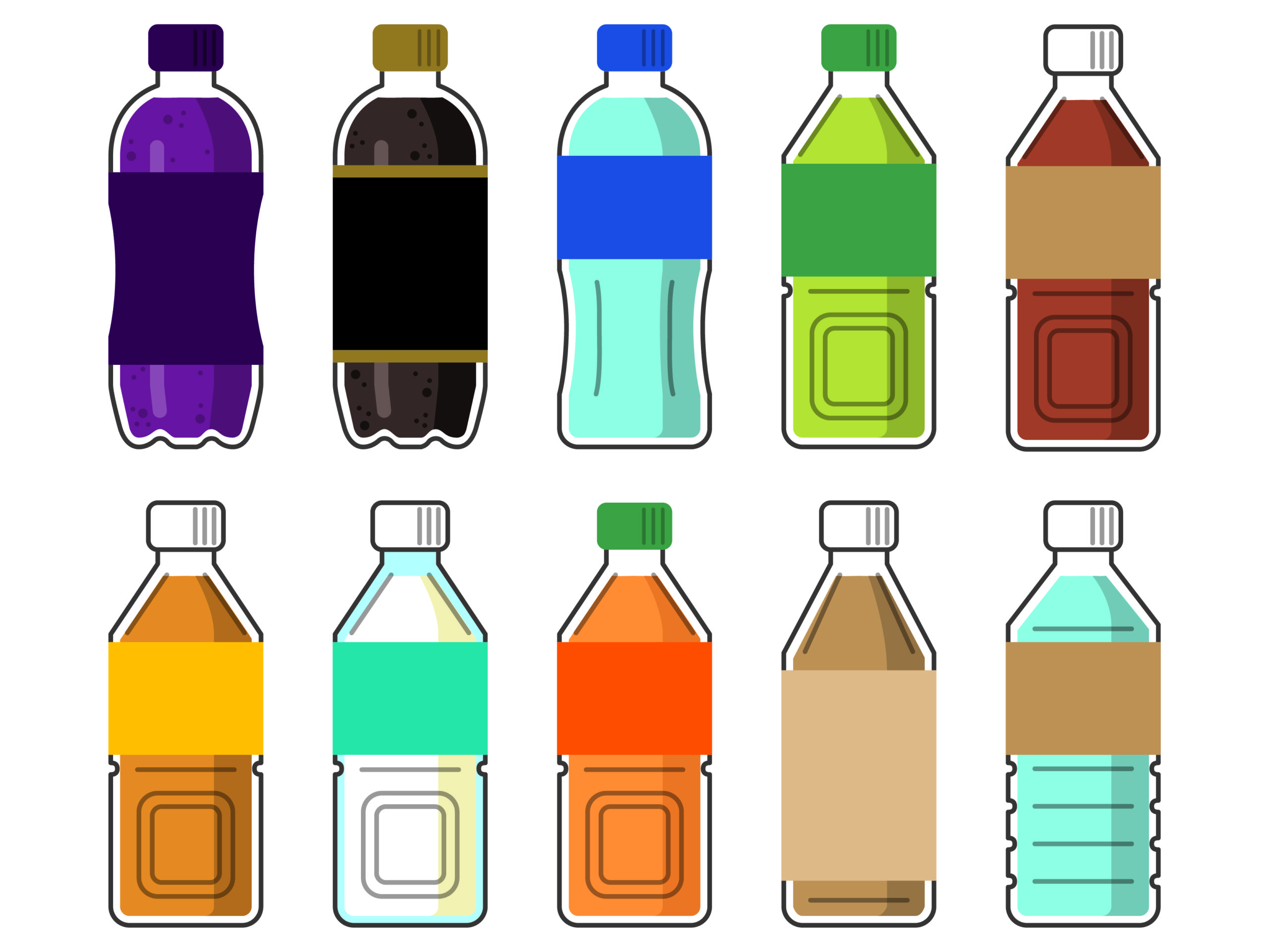 中身の色が違うペットボトル10本を並べたイラスト