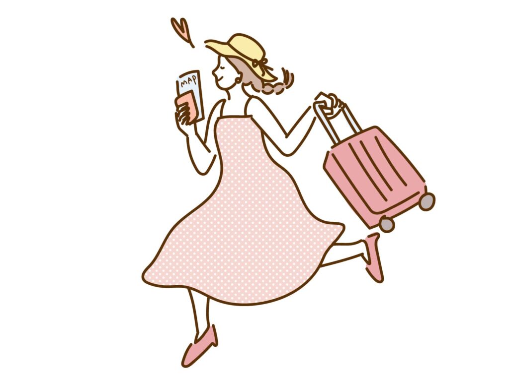 帽子をかぶってスーツケースを引く女性のイラスト
