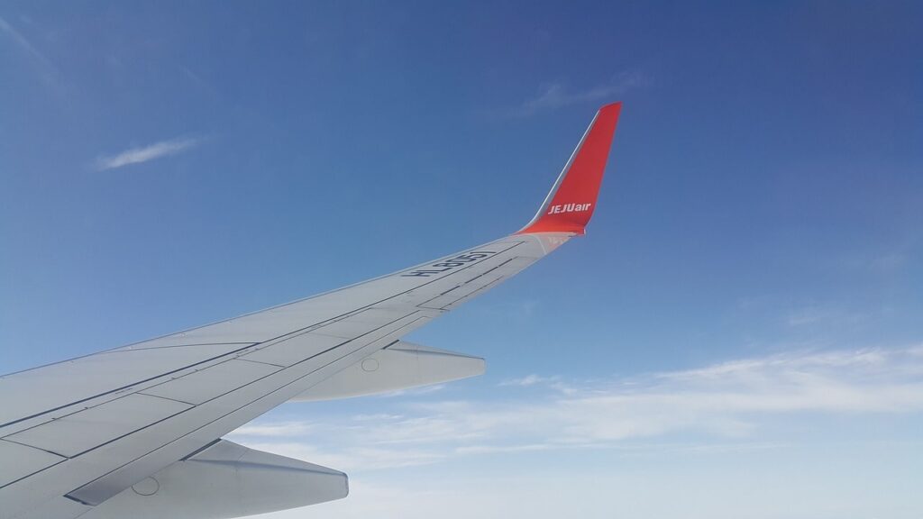 機窓から見た青空と主翼