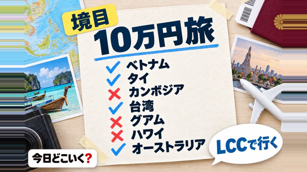 海外旅行が10万円で行けるおすすめ都市7選 図の中の文字: LCCで行く、ベトナム、タイ、カンボジア、台湾、グアム