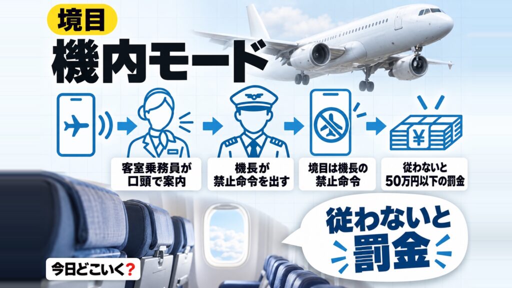 飛行機で機内モードにしないとどうなる?罰金50万円になる境目 図の中の文字: 従わないと罰金、客室乗務員が口頭で案内、機長が禁止命令を出す、従わないと50万円以下の罰金、境目は機長の禁止命令