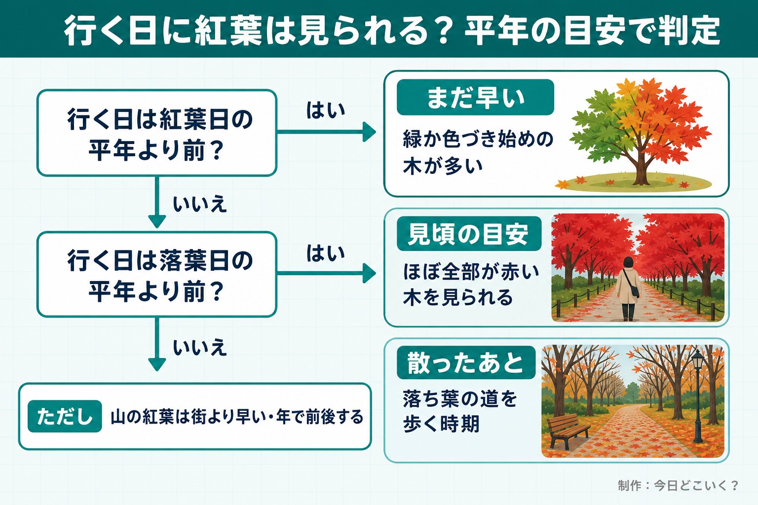行く日に紅葉は見られる?平年の目安で判定。行く日は紅葉日の平年より前?。行く日は落葉日の平年より前?。まだ早い。緑か色づき始めの木が多い。見頃の目安。ほぼ全部が赤い木を見られる。散ったあと。落ち葉の道を歩く時期。ただし 山の紅葉は街より早い・年で前後する。今日どこいく?が作ったイラスト図解(はい/いいえの判定)