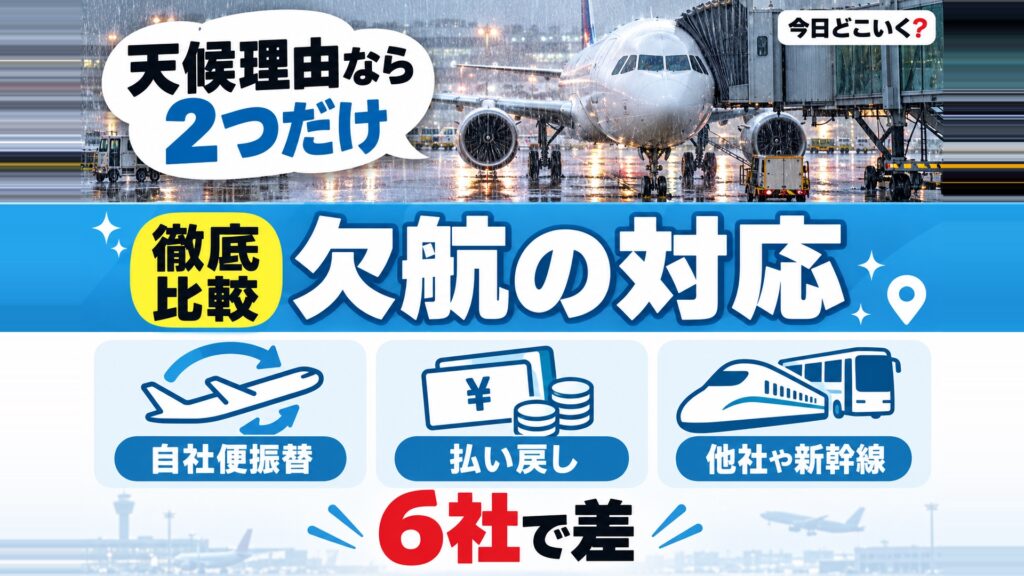 飛行機が欠航したら何をしてもらえる?航空会社6社の対応を比べた 図の中の文字: 天候理由なら、2つだけ、自社便振替、払い戻し、他社や新幹線、6社で差