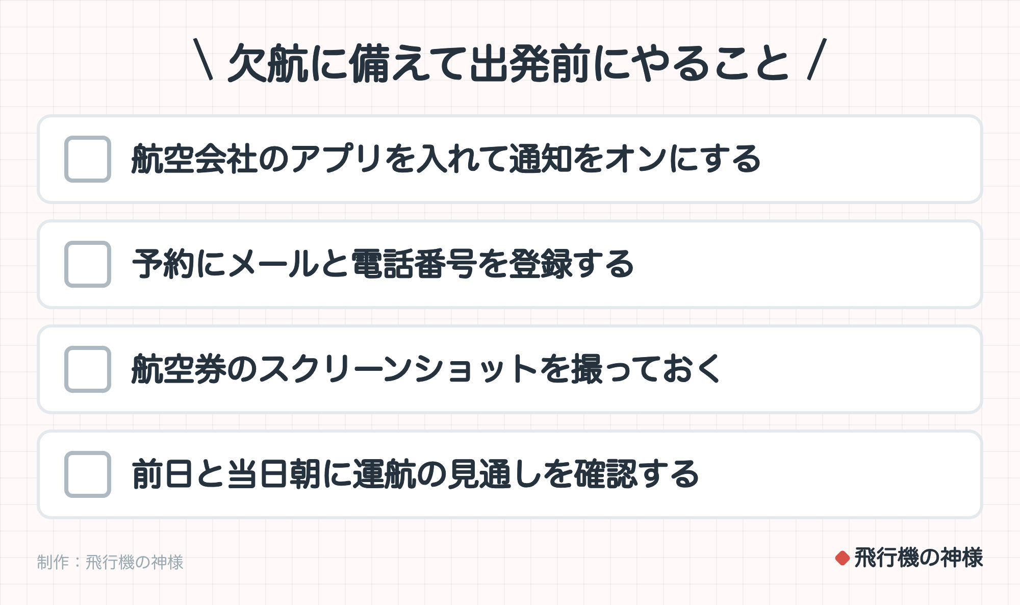 欠航に備えて出発前にやること。航空会社のアプリを入れて通知をオンにする。予約にメールと電話番号を登録する。航空券のスクリーンショットを撮っておく。前日と当日朝に運航の見通しを確認する。制作:今日どこいく?。