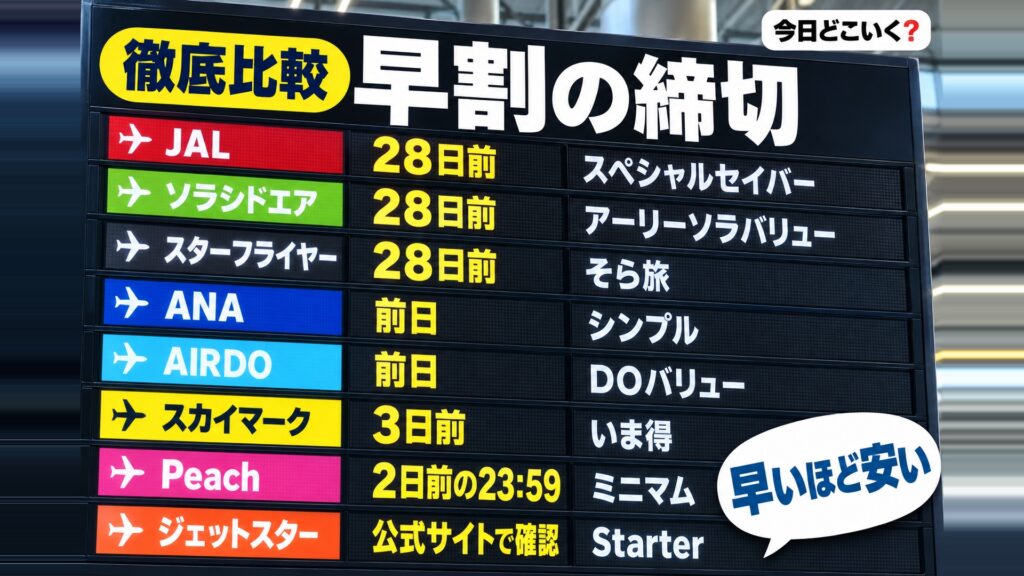 飛行機の安い時期は何日前に決まる？8社の早割の締切を比べた　図の中の文字: 早いほど安い、JAL 28日前 スペシャルセイバー、ソラシドエア 28日前 アーリーソラバリュー、スターフライヤー 28日前 そら旅、ANA 前日 シンプル、AIRDO 前日 DOバリュー