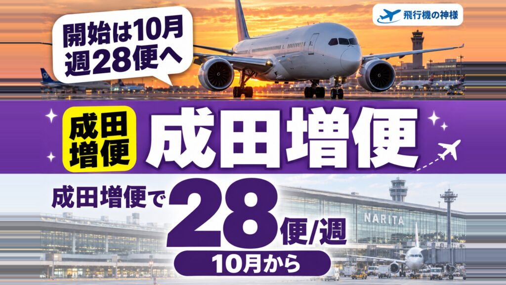 エミレーツ成田増便で週28便に!10月から変わること3つ 図の中の文字: 週28便へ、28、便/週、成田増便で、10月から