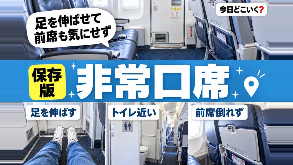 飛行機の非常口座席は広くて快適？メリットとデメリットを解説　図の中の文字: 足を伸ばせて、前席も気にせず、足を伸ばす、トイレ近い、前席倒れず