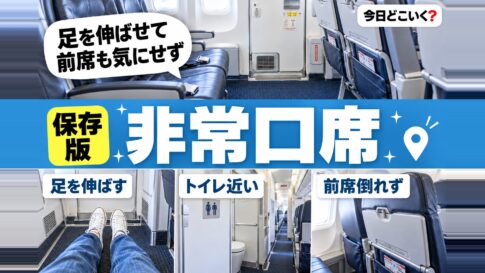 飛行機の非常口座席は広くて快適？メリットとデメリットを解説　図の中の文字: 足を伸ばせて、前席も気にせず、足を伸ばす、トイレ近い、前席倒れず