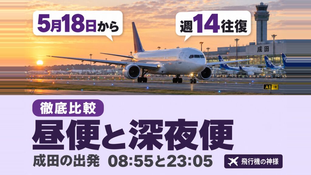 フィンエアー成田増便で1日2往復に!昼便と深夜便の時刻の違い 図の中の文字: 5月18日から、週14往復、成田の出発、08:55と23:05