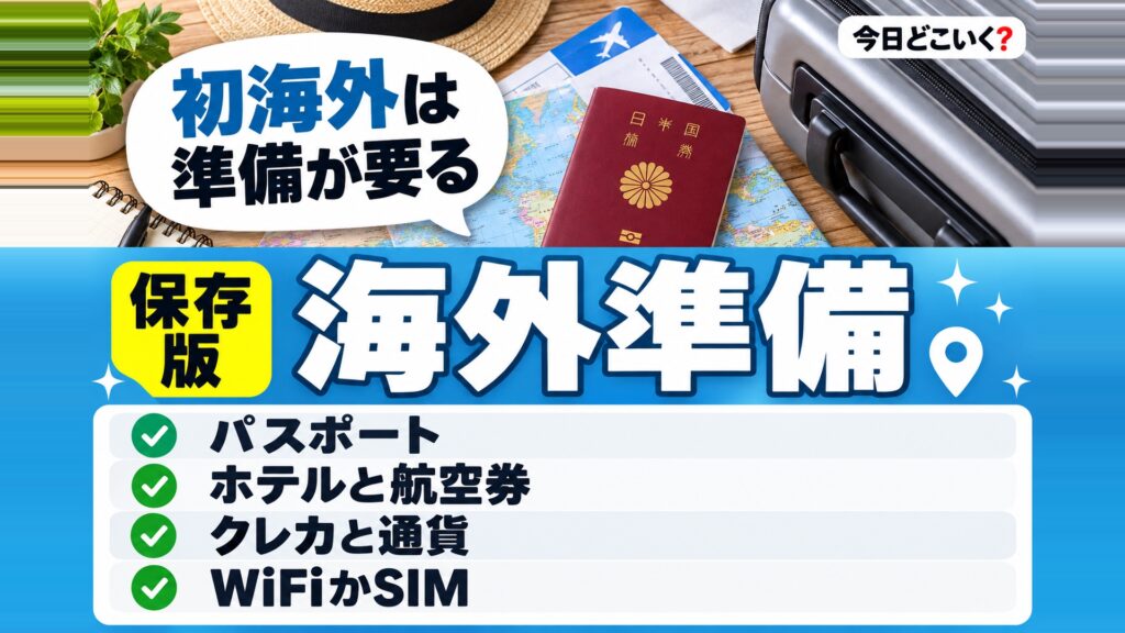 初めての海外旅行で準備すべきものとは？おすすめの国についても解説　図の中の文字: 初海外は、準備が要る、パスポート、ホテルと航空券、クレカと通貨、WiFiかSIM