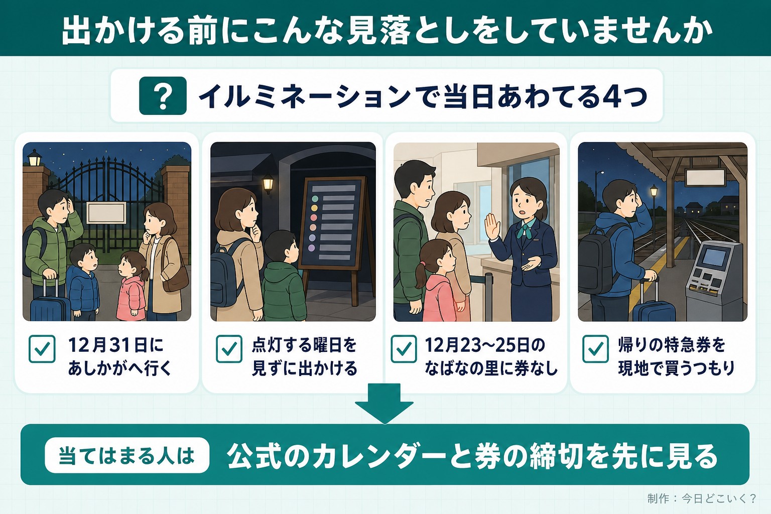 出かける前にこんな見落としをしていませんか。イルミネーションで当日あわてる4つ。12月31日にあしかがへ行く。点灯する曜日を見ずに出かける。12月23〜25日のなばなの里に券なし。帰りの特急券を現地で買うつもり。当てはまる人は。公式のカレンダーと券の締切を先に見る。今日どこいく？が作ったイラスト図解（「こんなことしていませんか」のチェック場面）