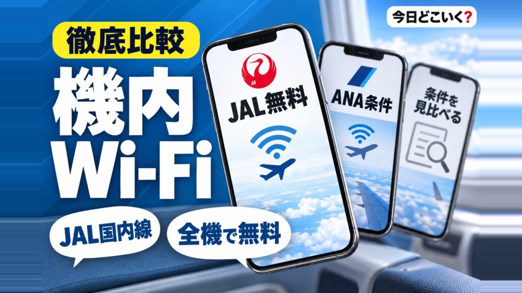 機内Wi-Fiが無料なのはどこ?JALとANAの条件の違い 図の中の文字: JAL国内線、全機で無料、JAL無料、ANA条件、条件を見比べる