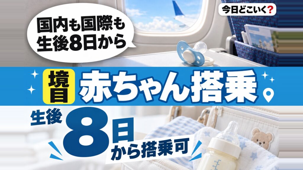 赤ちゃんはいつから飛行機に乗れるの?リスク・悪影響や注意点 図の中の文字: 国内も国際も、生後8日から、8、日、生後、から搭乗可
