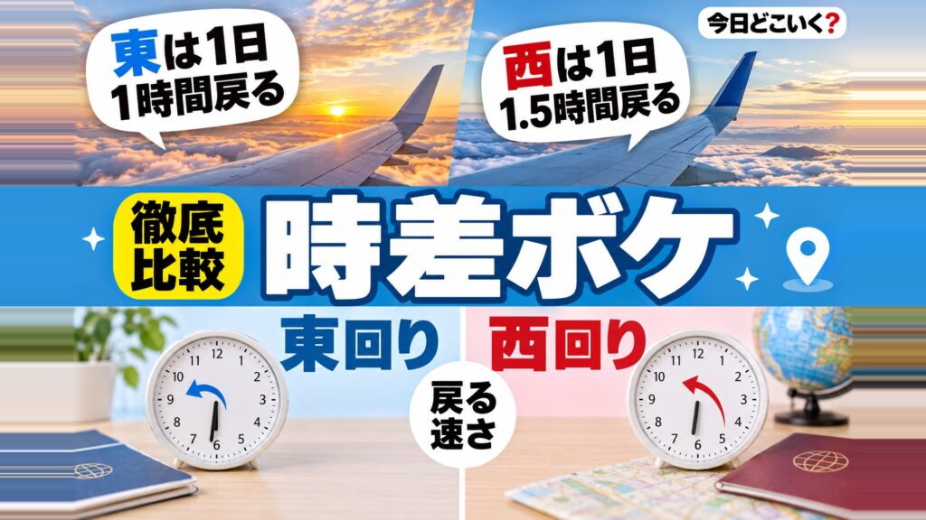 時差ボケは何日で治る?東回りは1日1時間しか戻らない 図の中の文字: 東は1日、1時間戻る、西は1日、1.5時間戻る、東回り、西回り